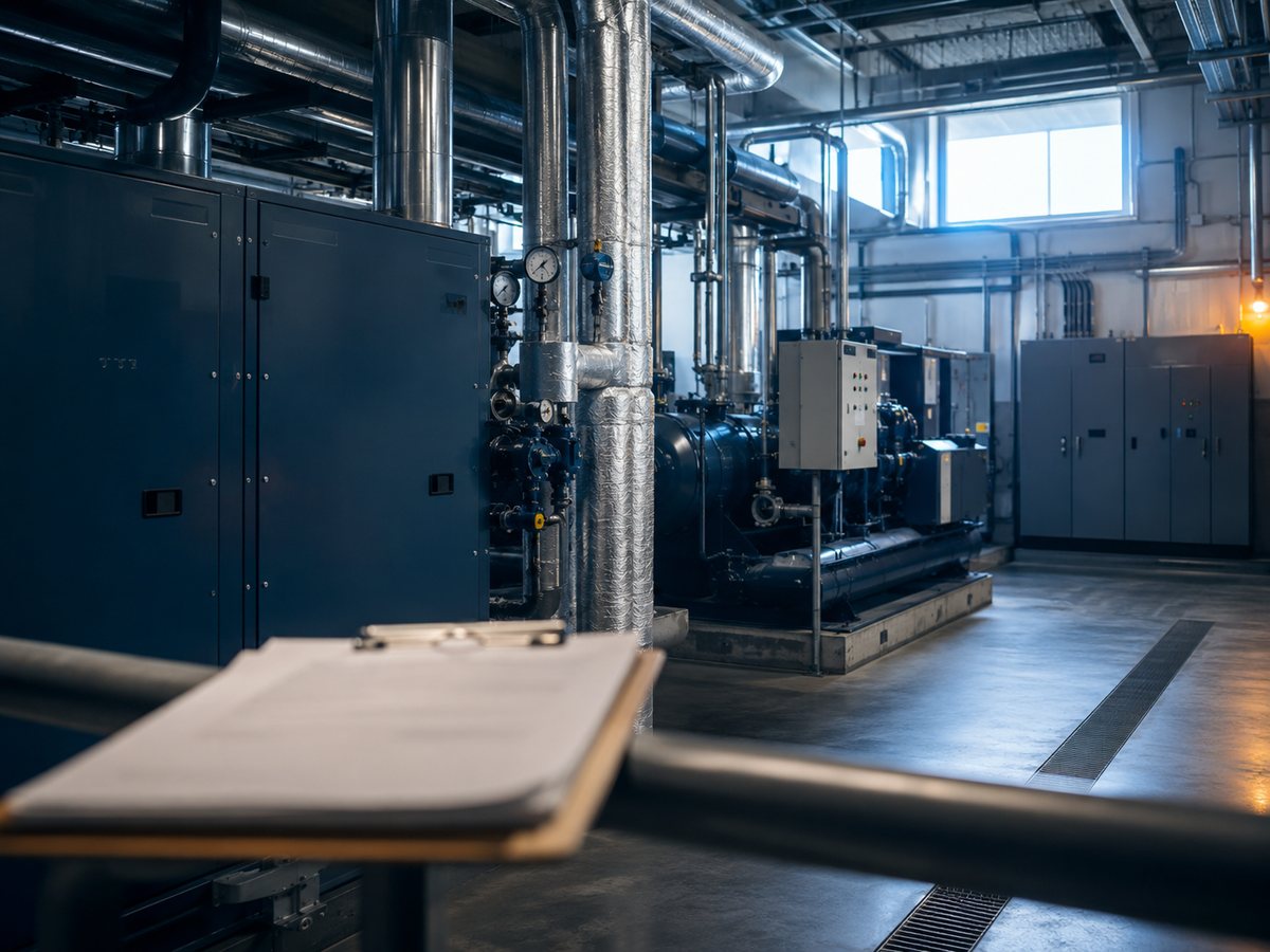 Mechanical plant room of a commercial building with an inspection clipboard in the foreground