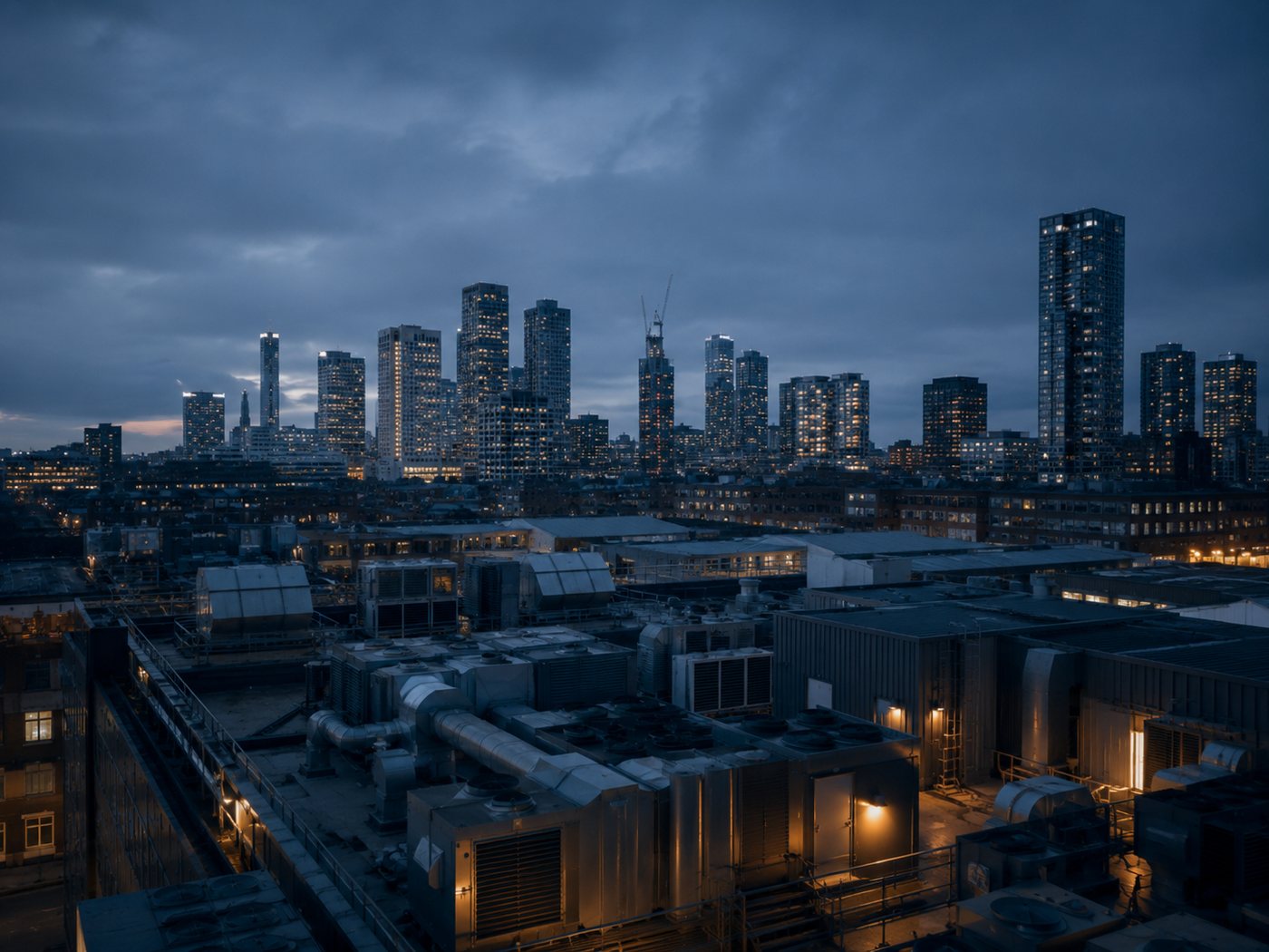 Commercial rooftop mechanical equipment at dusk with a mixed city skyline behind