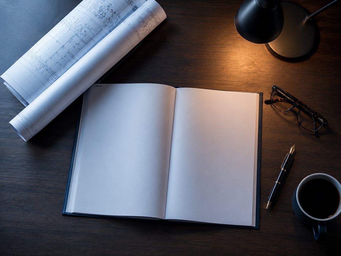 Overhead view of a desk with an open notebook, rolled building drawings and a warm lamp