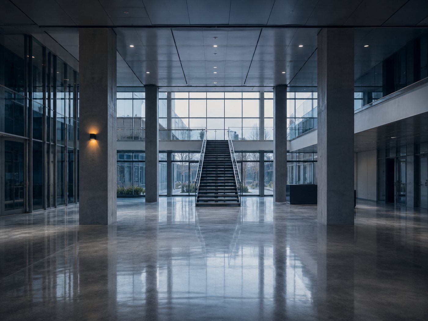 Daylit lobby atrium of a modern commercial building with a central staircase