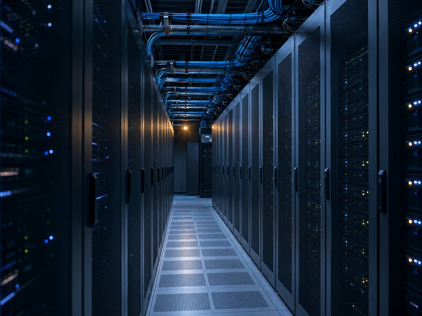 Aisle of a data and server room in cool blue light with indicator LEDs