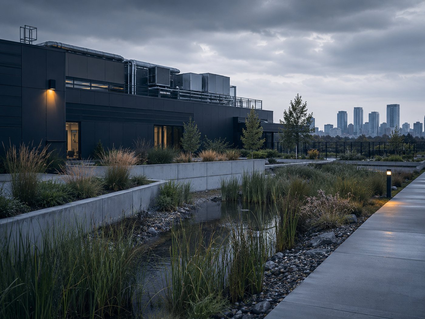 Planted green roof terrace on a commercial building with HVAC equipment behind
