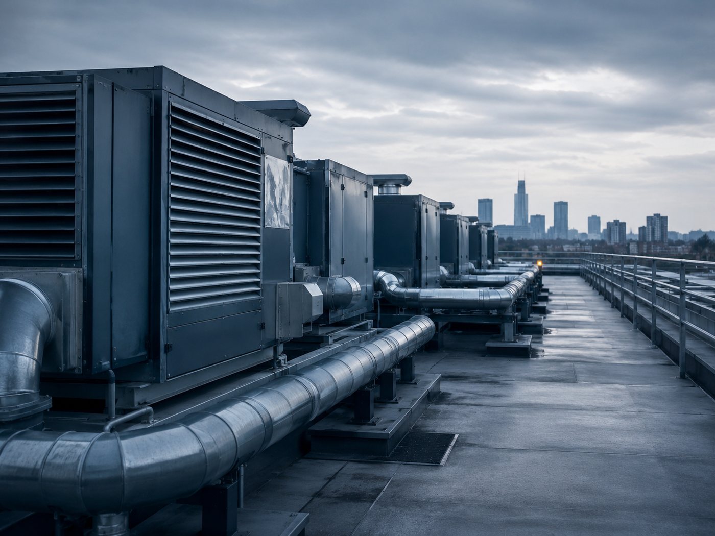 Rooftop mechanical plant with rows of air handling units on a commercial building