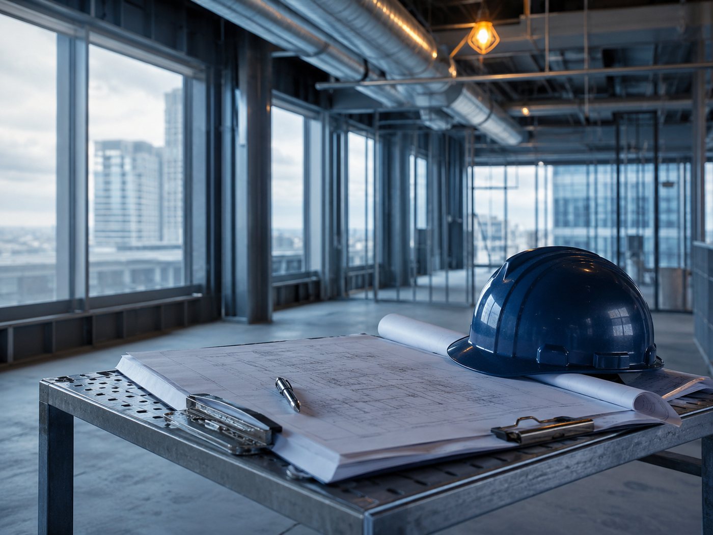 Interior building renovation in progress with exposed ceiling grid and new ductwork