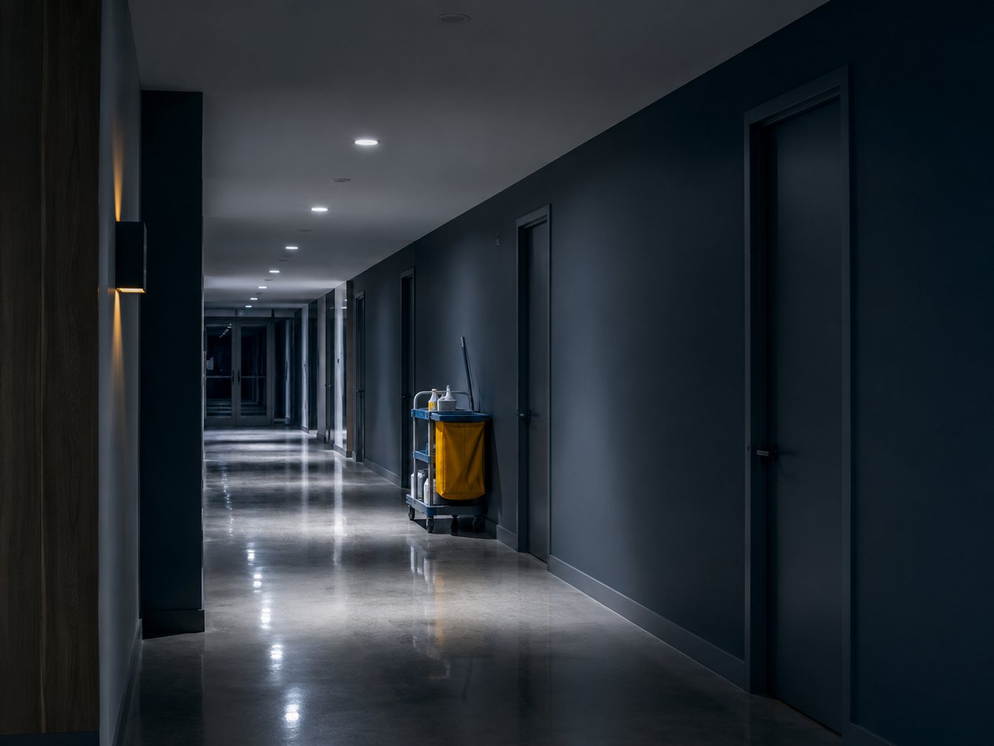 Polished commercial corridor at night with a cleaning cart parked to one side